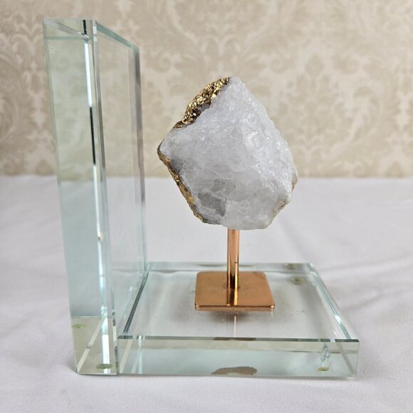 White Quartz Crystal with Rose Gold Accent On Stand Bookend Display Decoration - Picture 1 of 12